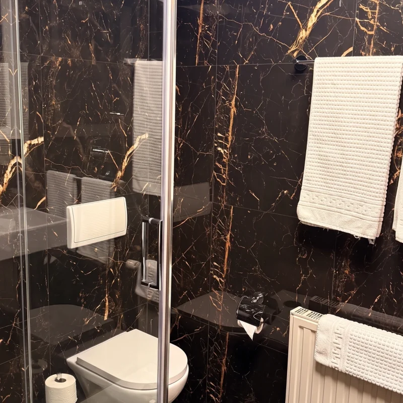 Badezimmer im Doppelzimmer des Hotel In Amberg mit ebenerdiger Dusche, WC und dunklem Marmordekor